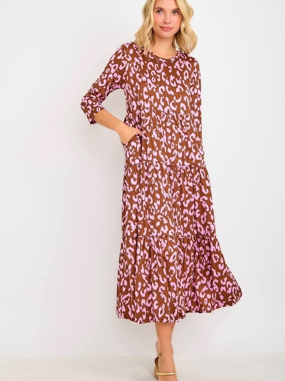 Celeste Brown and Pink Leopard Print Tiered Maxi Dress